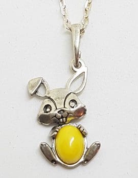 Sterling Silver Butter Amber Rabbit Pendant on Silver Chain
