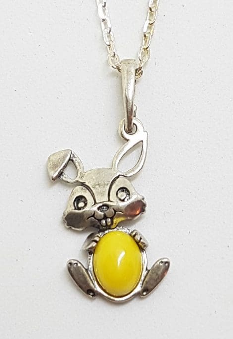 Sterling Silver Butter Amber Rabbit Pendant on Silver Chain