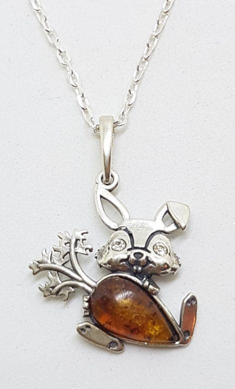 Sterling Silver Amber Rabbit with Carrot Pendant on Silver Chain