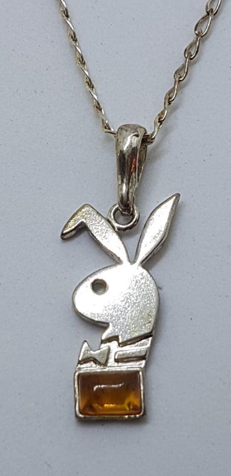 Sterling Silver Baltic Amber Playboy Bunny Pendant on Silver Chain