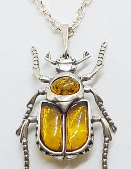 Sterling Silver Amber Scarab / Beetle Pendant on Sterling Silver Chain