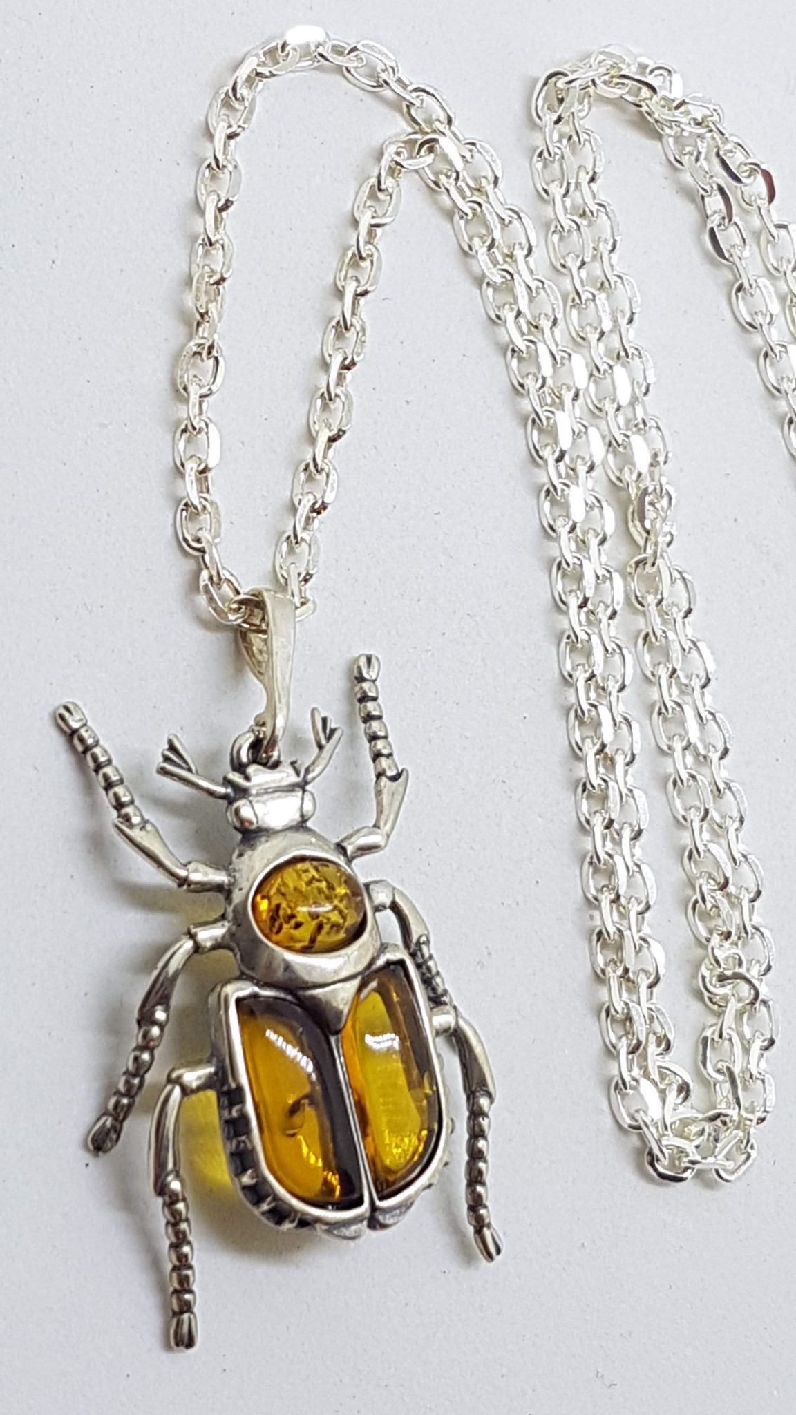 Sterling Silver Amber Scarab / Beetle Pendant on Sterling Silver Chain