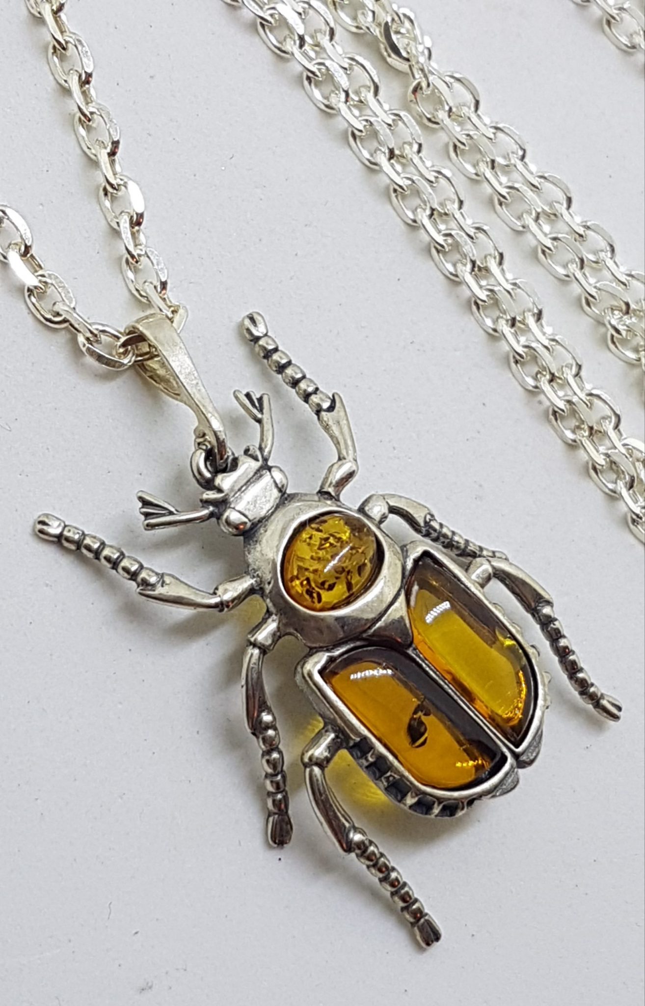 Sterling Silver Amber Scarab / Beetle Pendant on Sterling Silver Chain