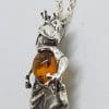 Sterling Silver Baltic Amber and CZ Frog Prince Pendant on Silver Chain