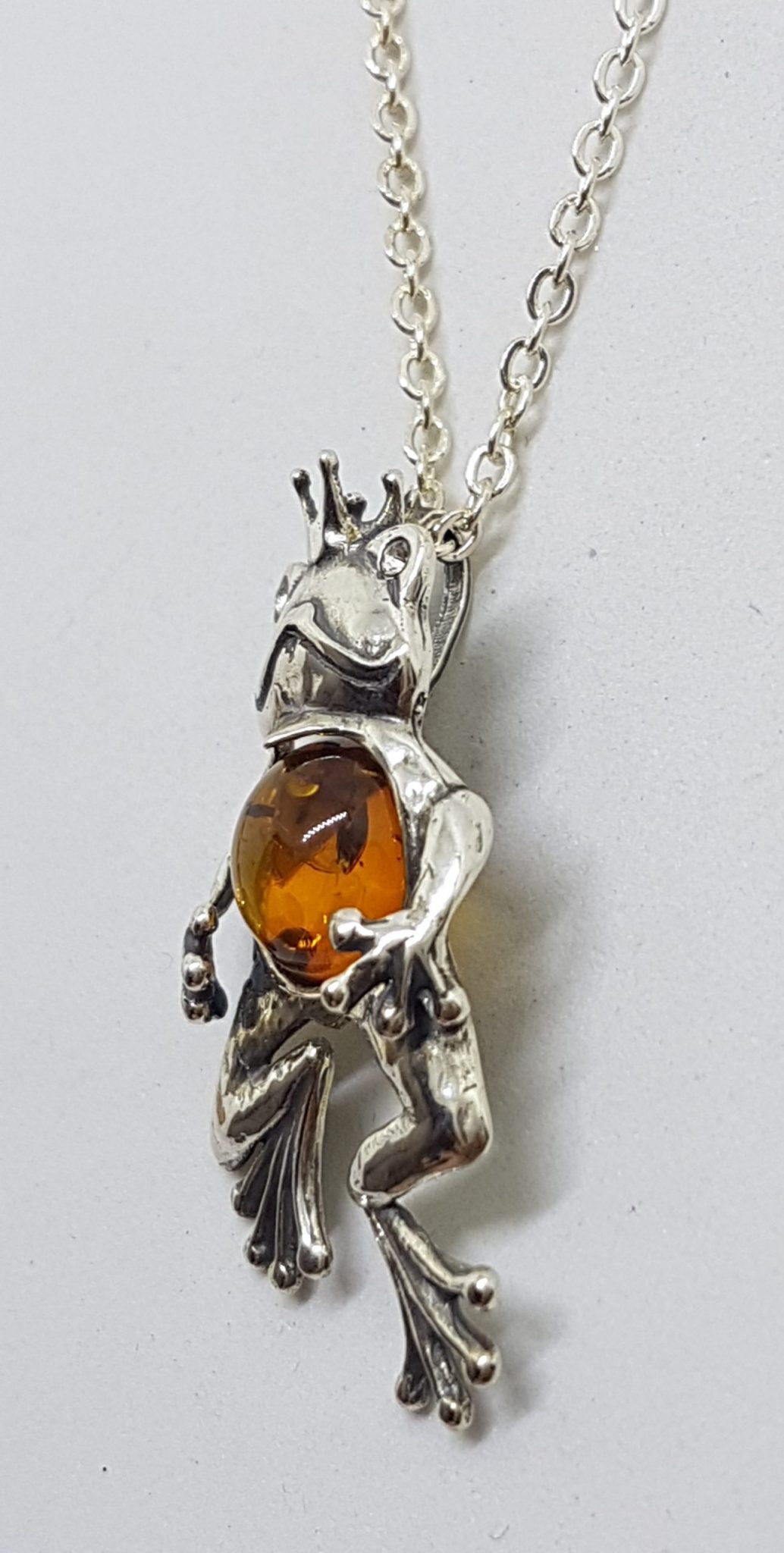 Sterling Silver Baltic Amber and CZ Frog Prince Pendant on Silver Chain