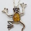 Sterling Silver Baltic Amber Leaping Frog Prince Pendant on Silver Chain