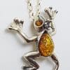 Sterling Silver Baltic Amber Leaping Frog Prince Pendant on Silver Chain