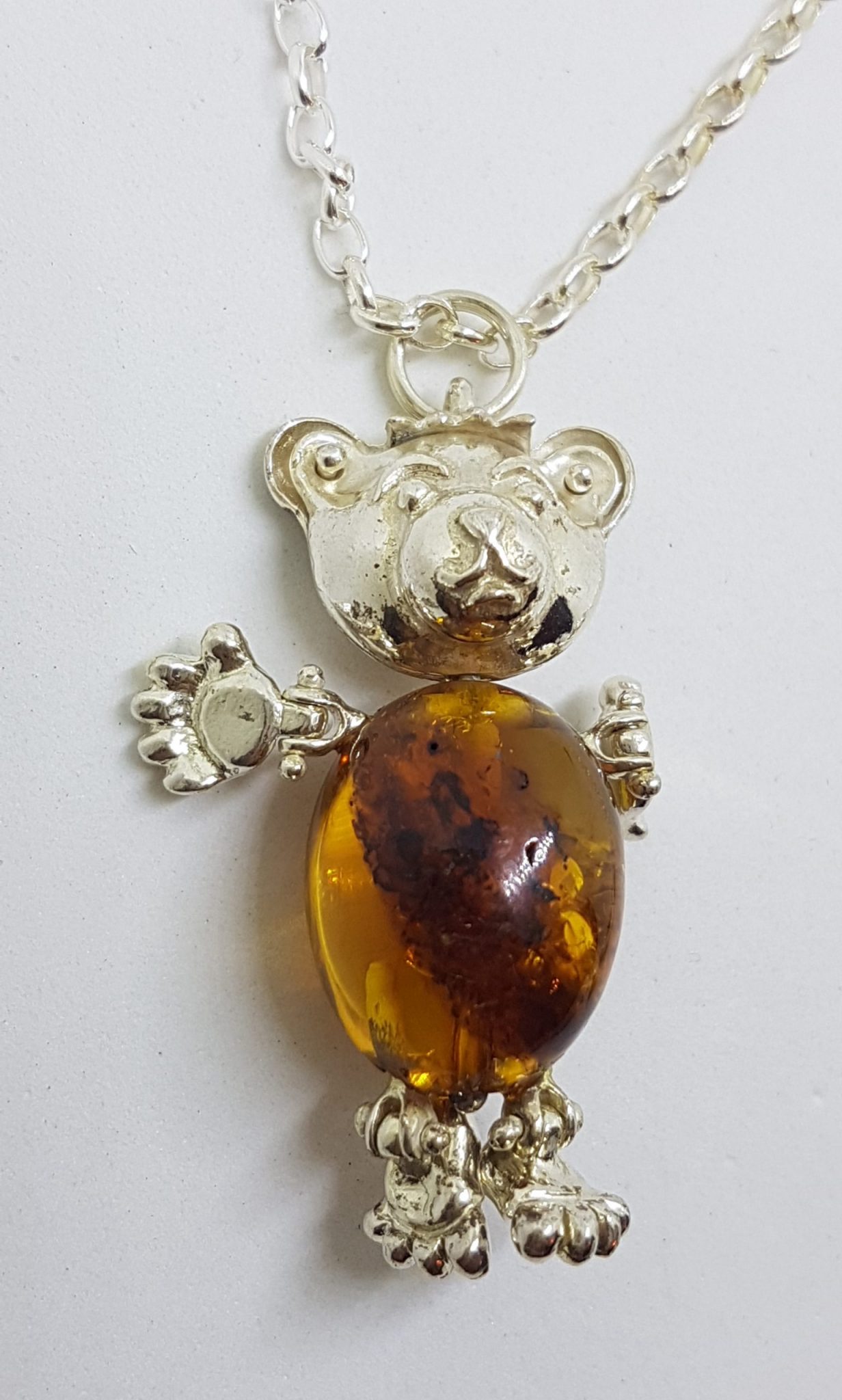 20200707_211449 Sterling Silver Baltic Amber Teddy Bear Jointed Pendant on Silver Chain