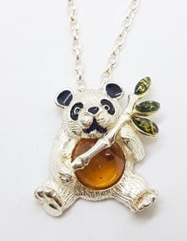 Sterling Silver Brown & Green Baltic Amber Panda with Bamboo Pendant on Silver Chain