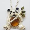 Sterling Silver Brown & Green Baltic Amber Panda with Bamboo Pendant on Silver Chain