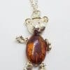 Sterling Silver Baltic Amber Teddy Bear Jointed Pendant on Silver Chain