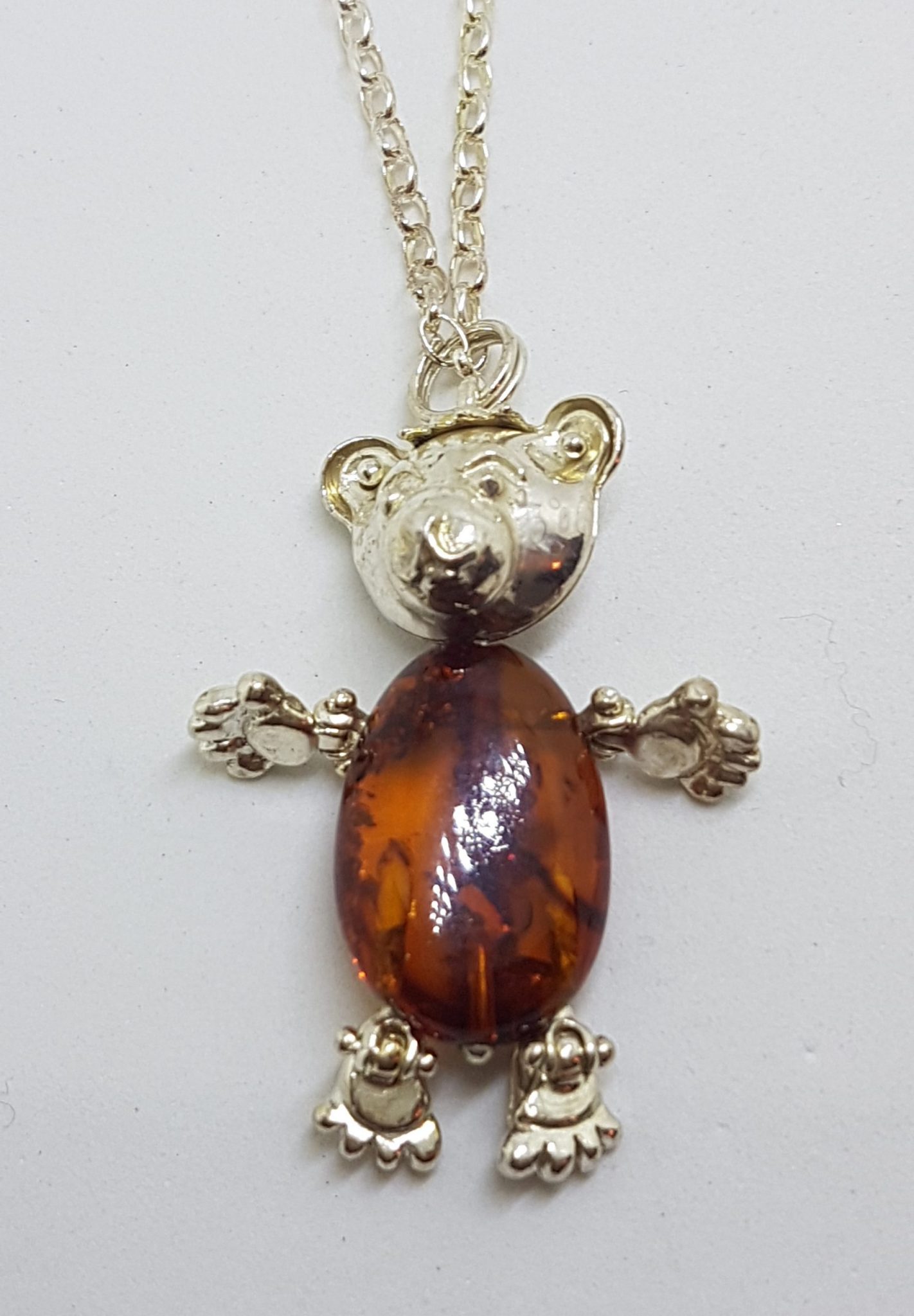 Sterling Silver Baltic Amber Teddy Bear Jointed Pendant on Silver Chain