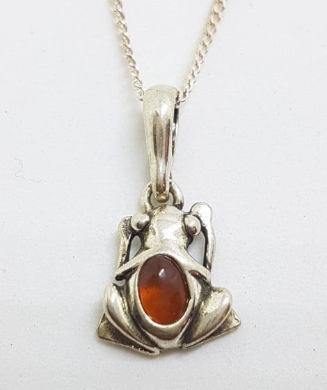 Sterling Silver Amber Small Frog Pendant on Silver Chain