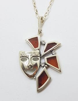Sterling Silver Baltic Amber Carnival Mask Pendant on Silver Chain