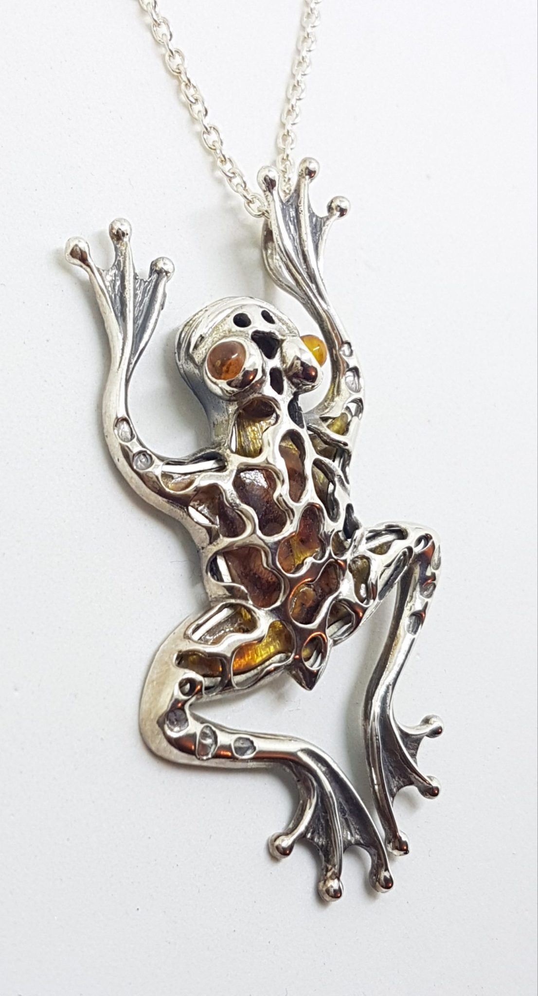 Sterling Silver Very Large Baltic Amber Frog Pendant on Silver Chain