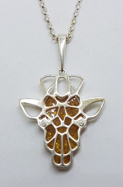 Sterling Silver Natural Amber Giraffe Head Pendant on Silver Chain