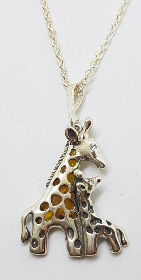Sterling Silver Natural Amber Mother and Child Giraffe Pendant on Silver Chain