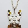Sterling Silver Multi-Colour Baltic Amber Dog Pendant on Chain - French Bull Dog