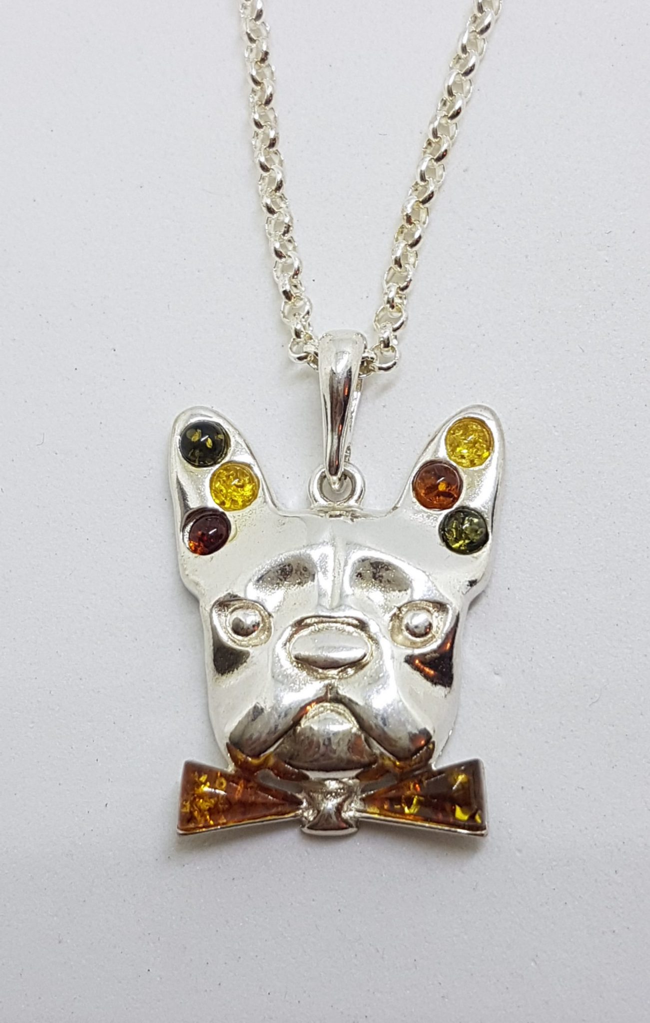 20200707_212048 Sterling Silver Multi-Colour Baltic Amber Dog Pendant on Chain - French Bull Dog
