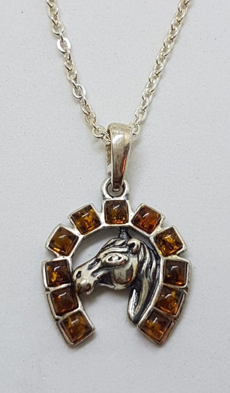 Sterling Silver Baltic Amber Horse Head in Horseshoe Pendant on Silver Chain