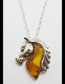Sterling Silver Baltic Amber Horse Head Pendant on Chain
