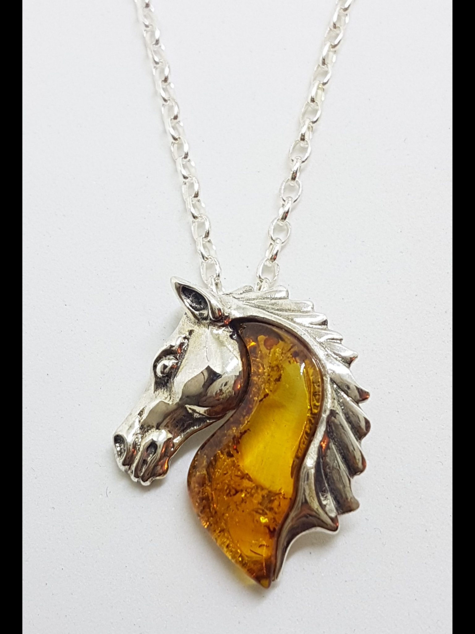 Sterling Silver Baltic Amber Horse Head Pendant on Chain