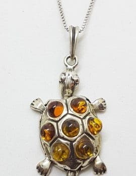 Sterling Silver Baltic Amber Turtle Pendant on Chain