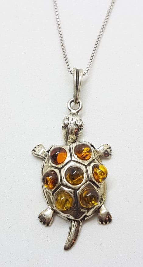 Sterling Silver Baltic Amber Turtle Pendant on Chain