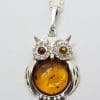 Sterling Silver Baltic Amber and Cubic Zirconia Owl Pendant on Chain