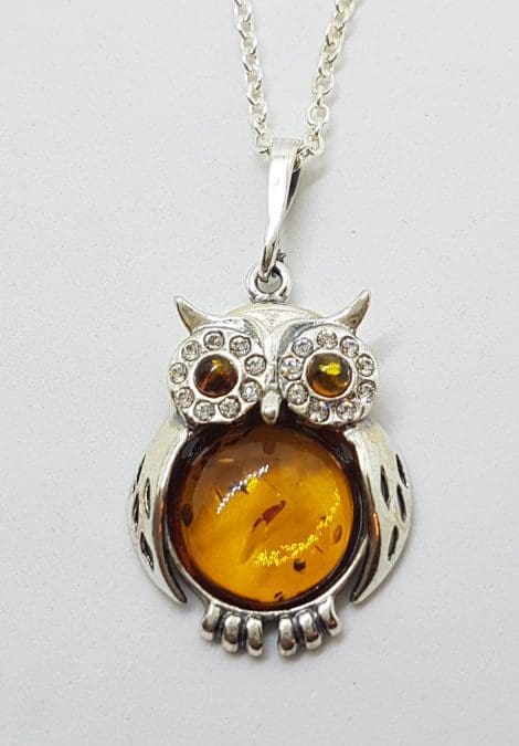 Sterling Silver Baltic Amber and Cubic Zirconia Owl Pendant on Chain