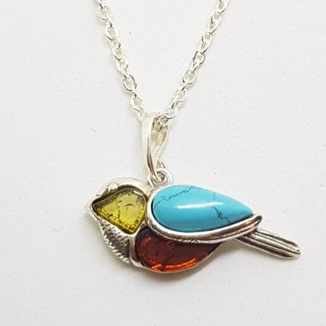 Sterling Silver Multi-Colour Baltic Amber & Recon. Turquoise Pendant on Chain