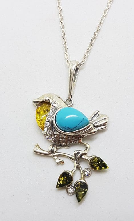 Sterling Silver Multi-Colour Baltic Amber & Recon. Turquoise Bird on Branch Pendant on Chain
