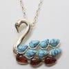 Sterling Silver Baltic Amber & Recon. Turquoise Swan Bird Pendant on Chain