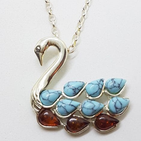 Sterling Silver Baltic Amber & Recon. Turquoise Swan Bird Pendant on Chain