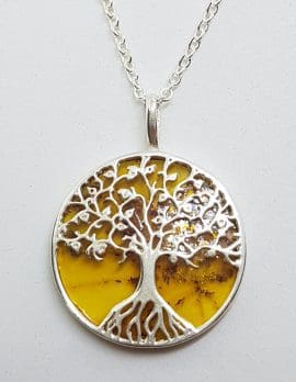 Sterling Silver Large Round Natural Amber Tree of Life Pendant on Silver Chain