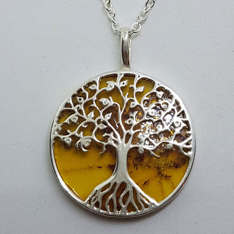 20200707_212643 Sterling Silver Large Round Natural Amber Tree of Life Pendant on Silver Chain