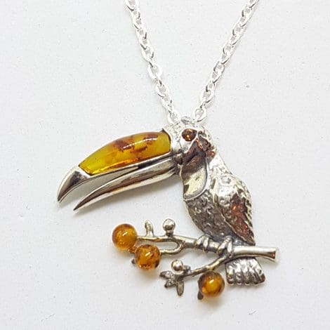 Sterling Silver and Amber Toucan Pendant on Silver Chain - Available in Two Sizes - Small