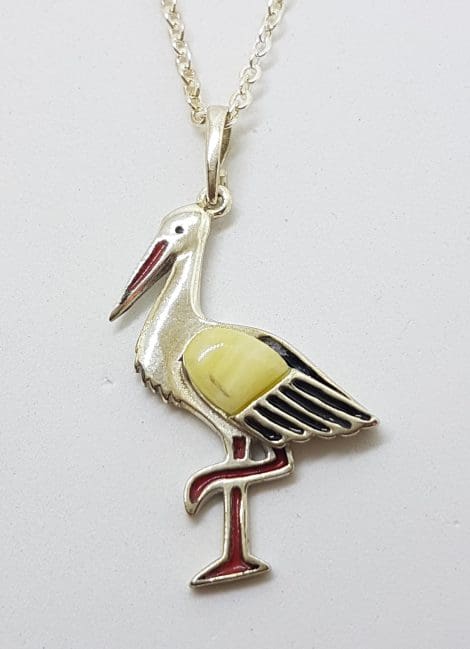 Sterling Silver Baltic Butter Amber Stork Bird Pendant on Silver Chain