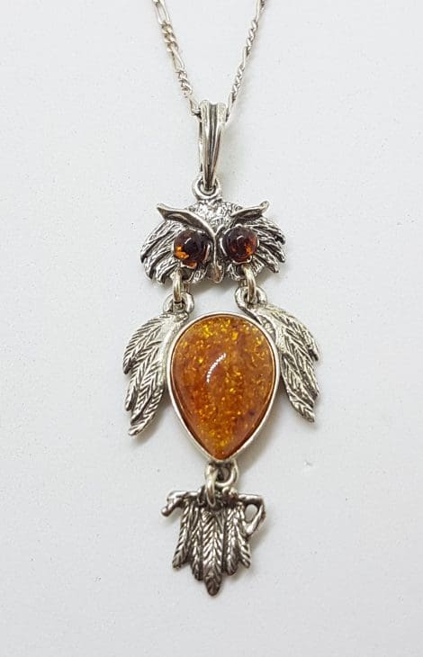 Sterling Silver Baltic Amber Owl Pendant on Silver Chain
