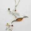 Sterling Silver Natural Multi-Colour Baltic Amber Large Bird Pendant on Chain