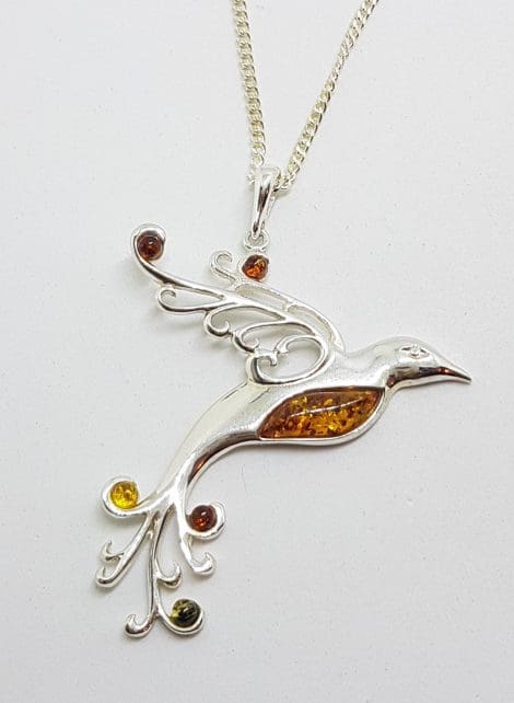 Sterling Silver Natural Multi-Colour Baltic Amber Large Bird Pendant on Chain