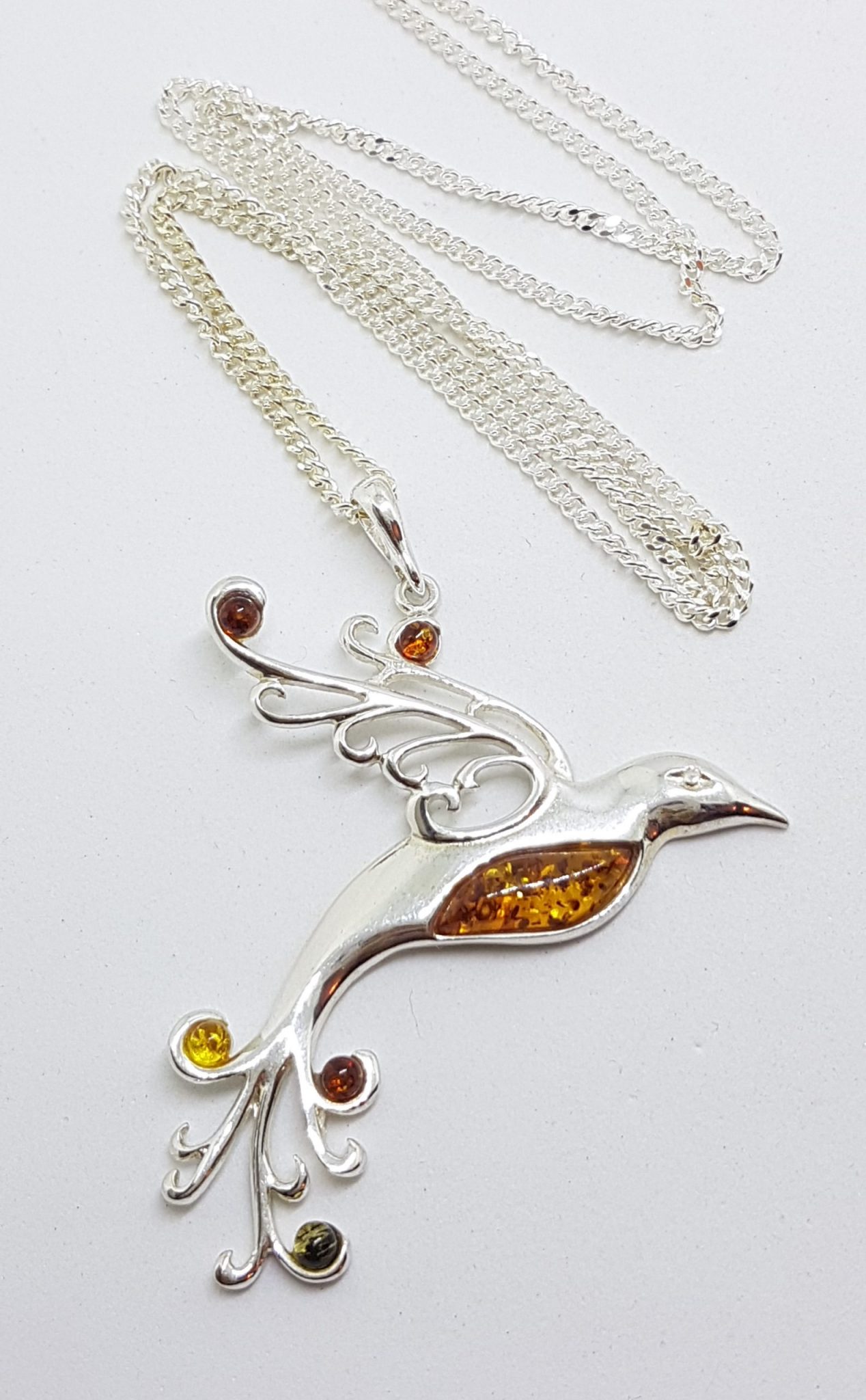 20200707_212936 Sterling Silver Natural Multi-Colour Baltic Amber Large Bird Pendant on Chain