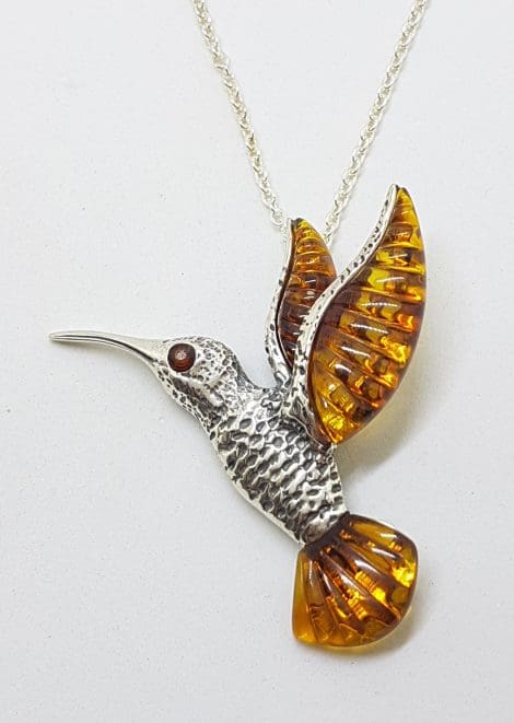 Sterling Silver Amber Hummingbird Pendant on Silver Chain