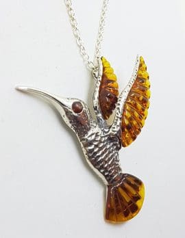 Sterling Silver Amber Hummingbird Pendant on Silver Chain