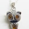 Sterling Silver Natural Baltic Amber Jointed Owl Bird Pendant on Silver Chain