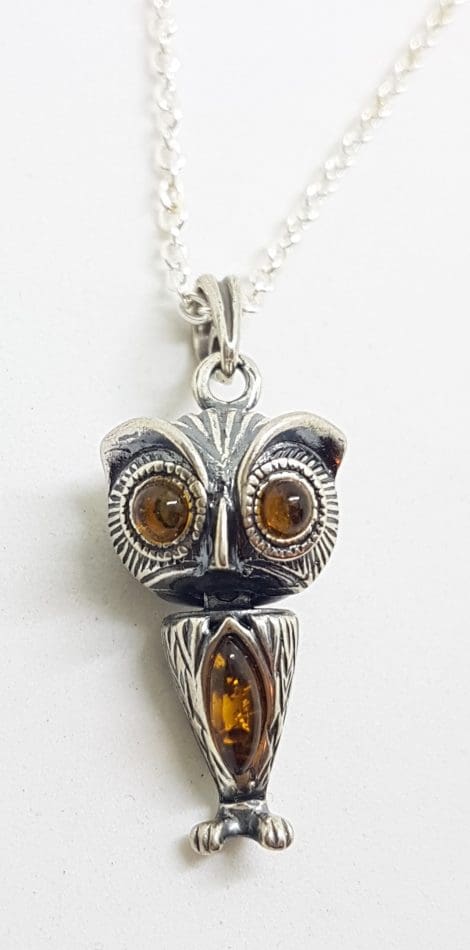 Sterling Silver Natural Baltic Amber Jointed Owl Bird Pendant on Silver Chain