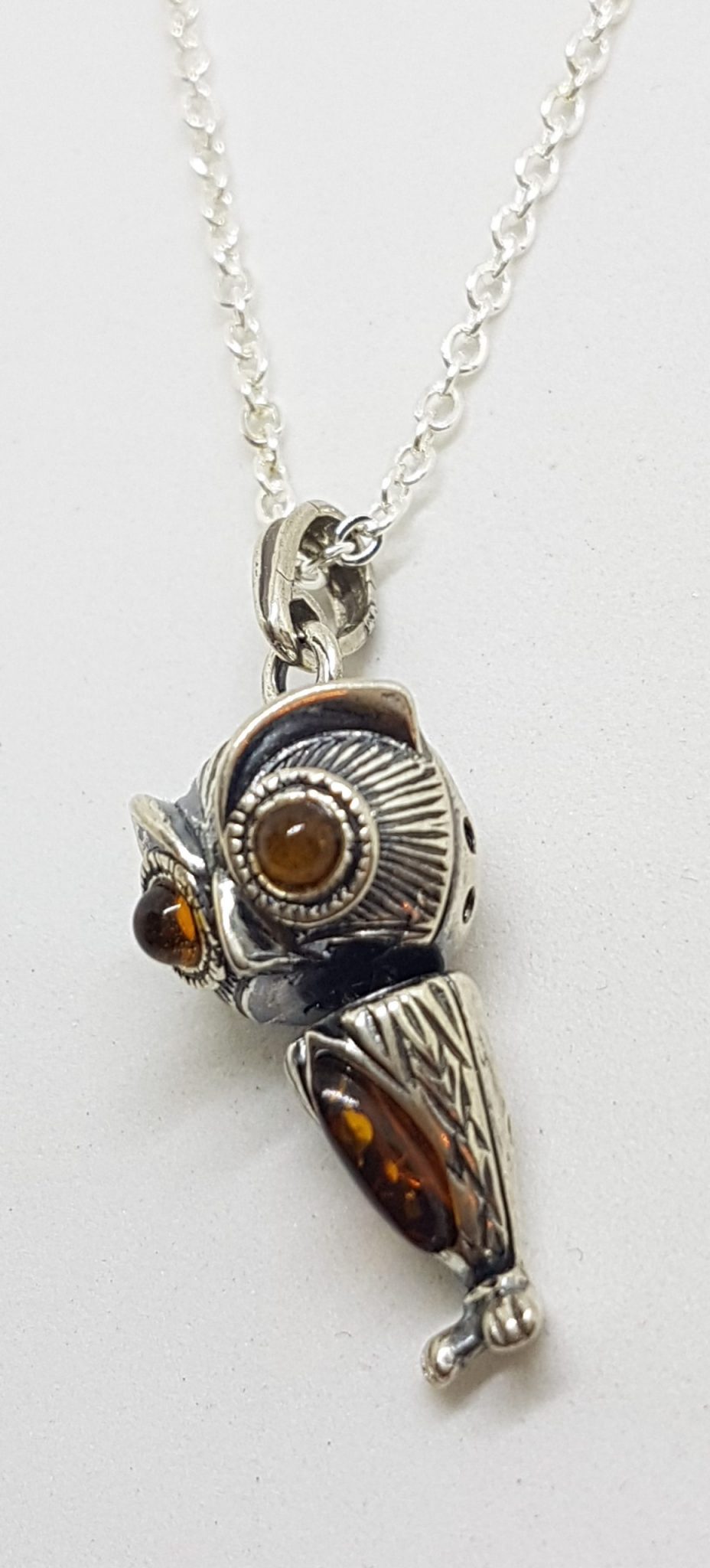 Sterling Silver Natural Baltic Amber Jointed Owl Bird Pendant on Silver Chain