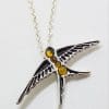 Sterling Silver Natural Baltic Amber Swallow / Bird Pendant on Silver Chain