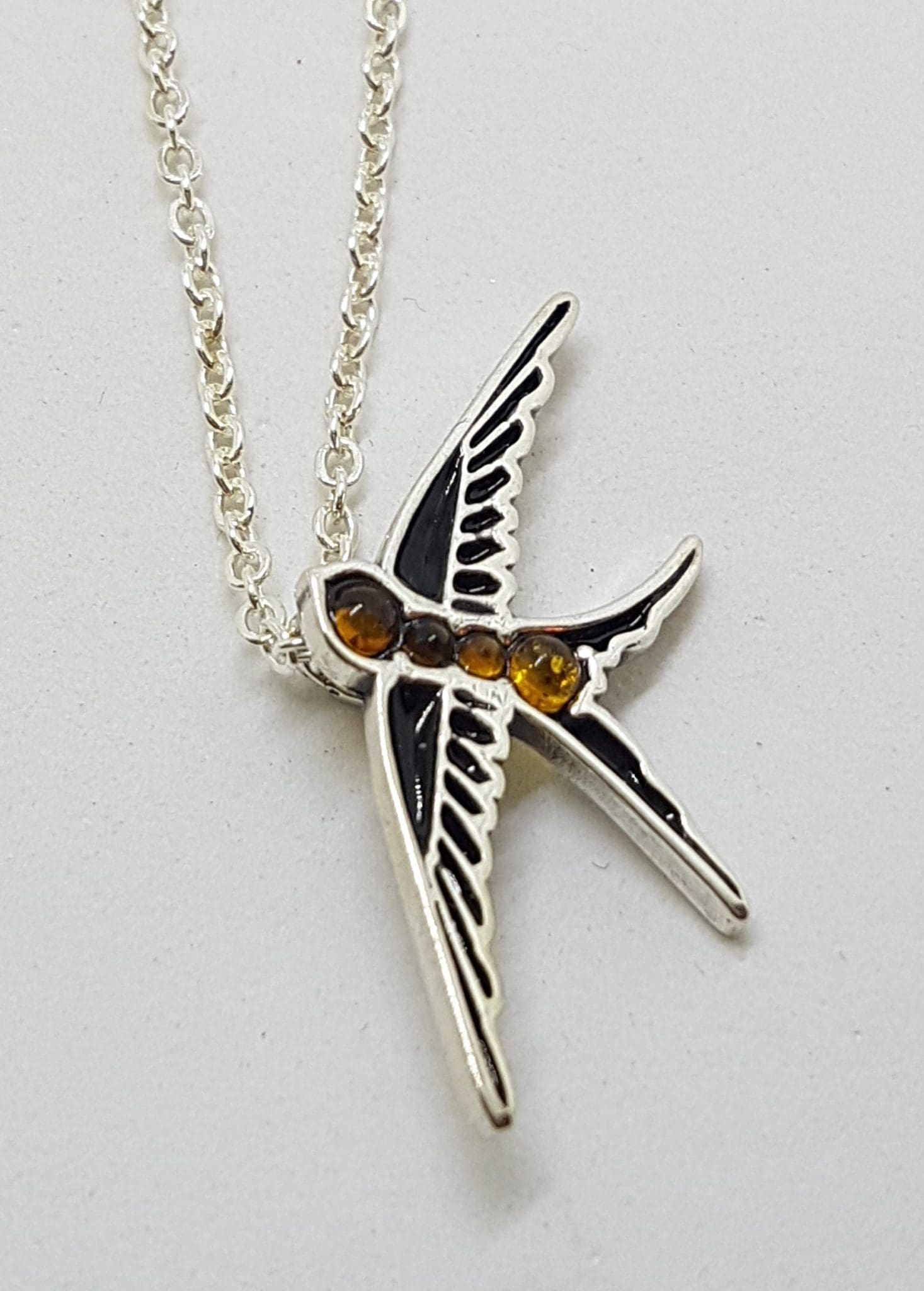 20200707_213117 Sterling Silver Natural Baltic Amber Swallow / Bird Pendant on Silver Chain