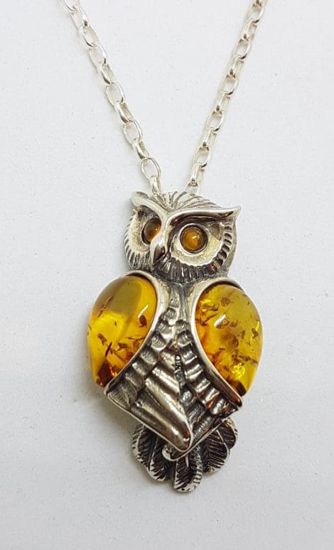 Sterling Silver Natural Baltic Amber Large Owl Bird Pendant on Silver Chain